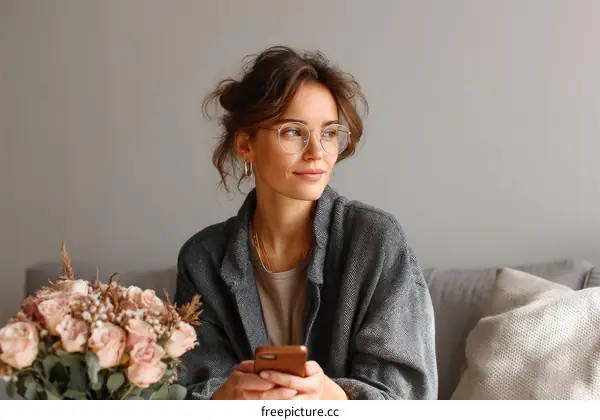 Young Woman Relaxing at Home with Phone
