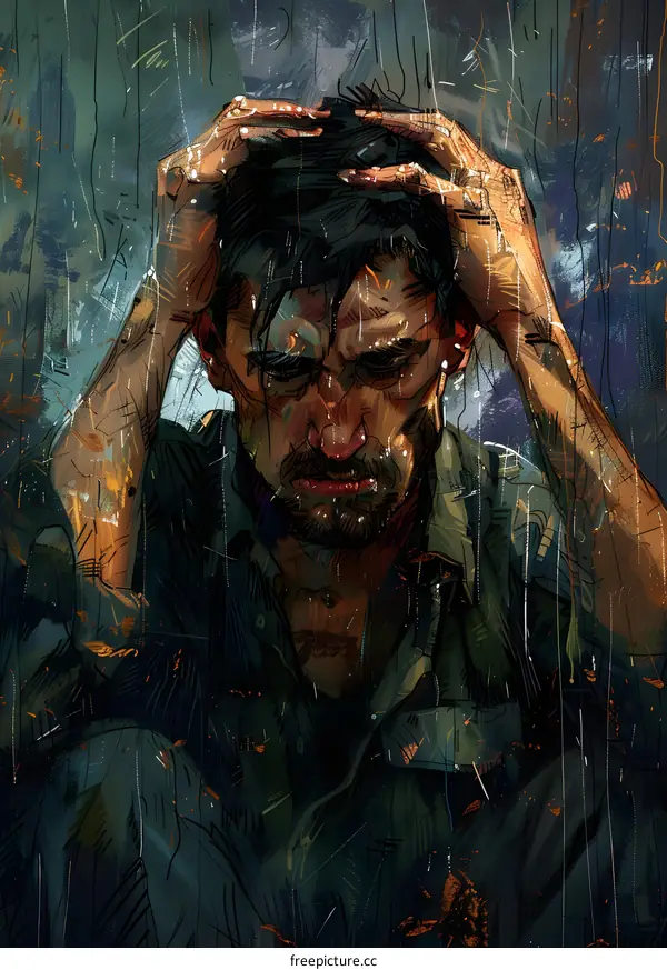 Man in Rain with Sad Expression