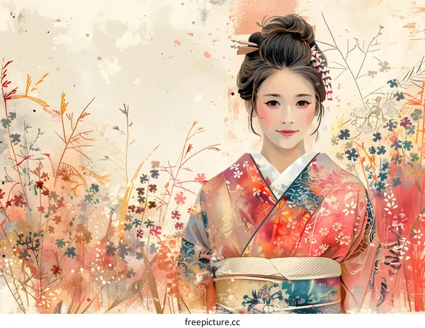 An illustration of a Japanese woman in a kimono with flowers in the background
