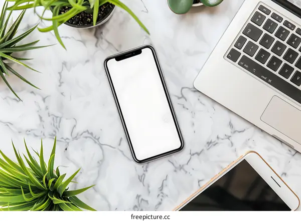 White Marble Surface with Smartphone, Laptop, and Plants