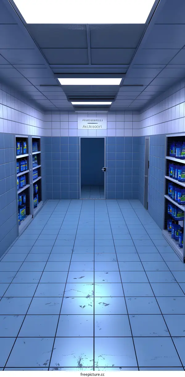 Blue Tiled Hallway with Shelves and Door