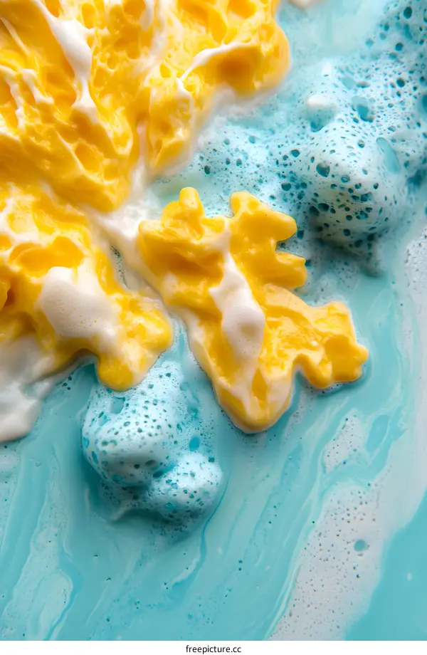 Abstract Blue and Yellow Swirling Liquid with Foam