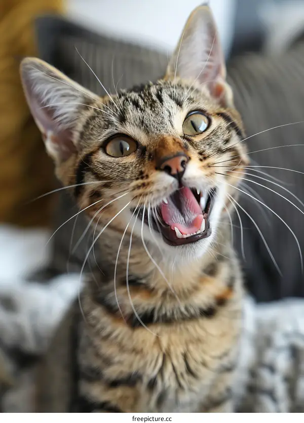 A cute tabby cat is sitting on a bed and looking at the camera with its mouth open