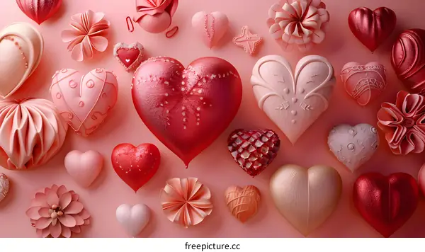 A pink background with many differently shaped and colored hearts