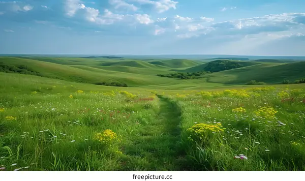 A path through green rolling hills