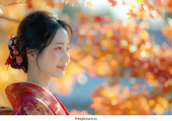 Portrait of a beautiful Japanese woman in traditional kimono