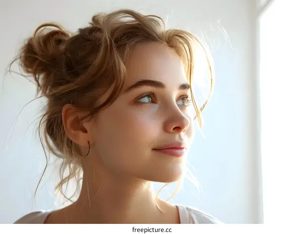 Close Up Portrait of Beautiful Young Woman With Messy Hair Looking Away