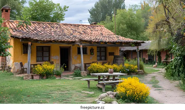 Adobe style house with yellow flowers in front