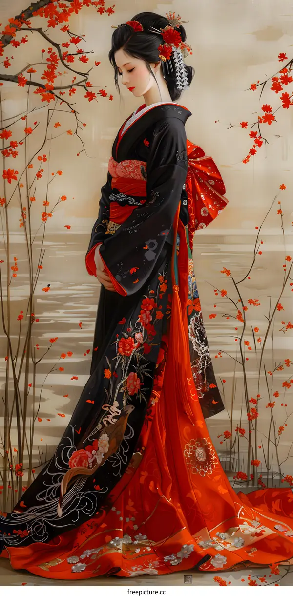 A woman in a red and black kimono standing in a field of red flowers.