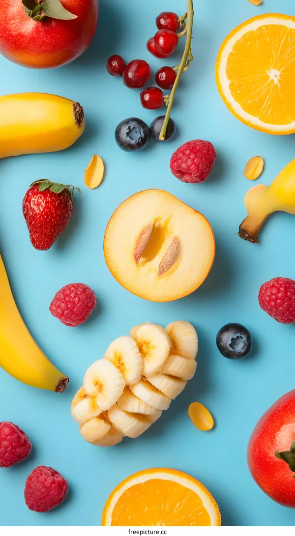 Fresh Fruit Mix On Blue Background