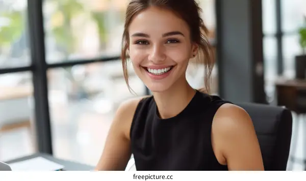 A beautiful young woman is smiling at the camera.
