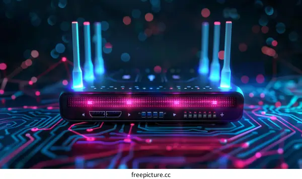 futuristic glowing pink blue router on circuit board