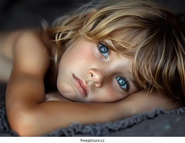 Portrait of a boy with freckles and blue eyes