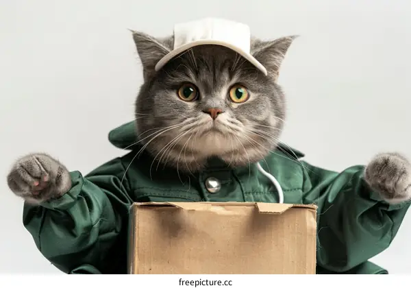 Funny Cat in a Green Jacket with a Cap