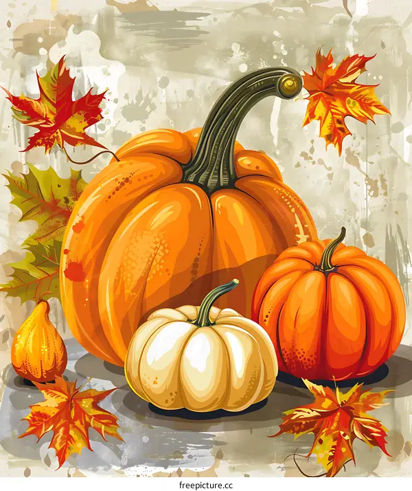 Autumn Harvest Pumpkins and Leaves Watercolor Illustration