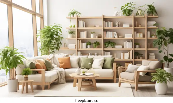 Cozy Living Room with Bookshelf and Greenery