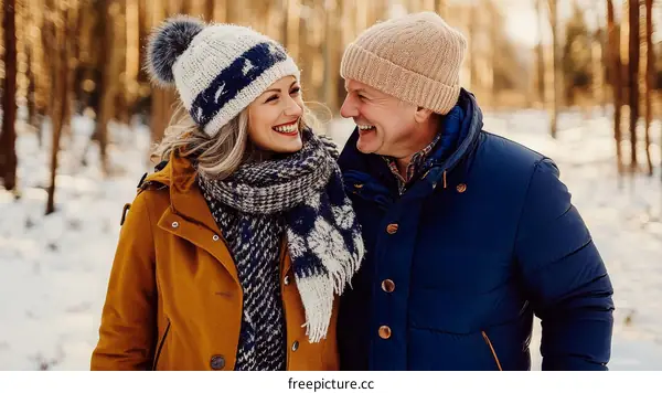 Couple Walking in Snowy Forest Winter Wonderland
