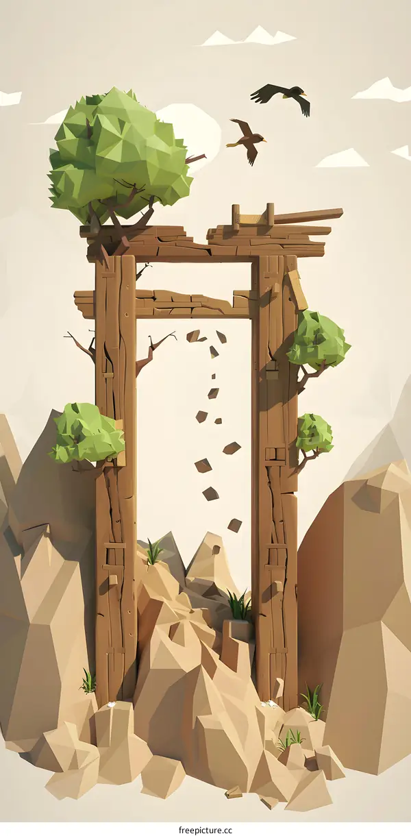 Low Poly Illustration of a Wooden Gate in a Mountain Landscape
