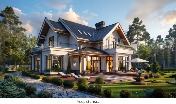 A large two-story house with a beautiful yard