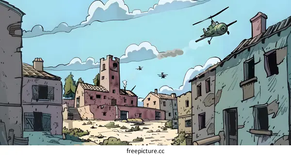 Cartoon Illustration of a War Torn Village