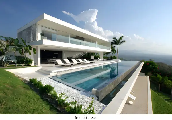 Modern White House with Infinity Pool and Mountain View