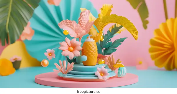 Tropical Summer Scene with Pineapple Drink and Flowers