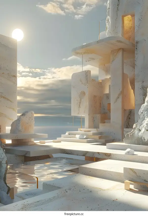 The sun shines through the stone building and reflects on the water