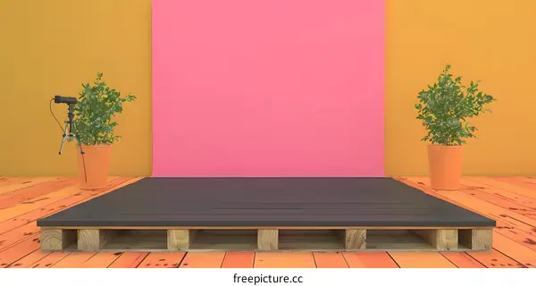 Minimalist Empty Stage With Two Plants and Wooden Floor