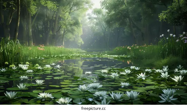 Mystical Forest Pond with Blooming Water Lilies