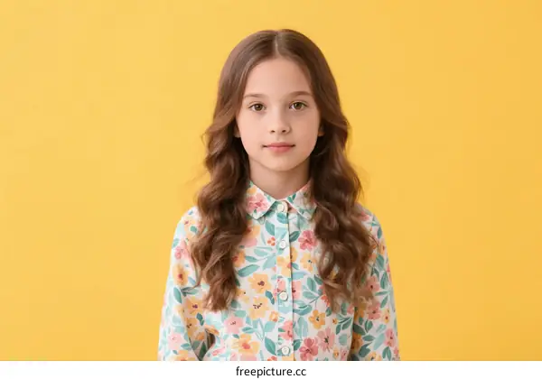 Young girl with long wavy hair wearing floral shirt against yellow background