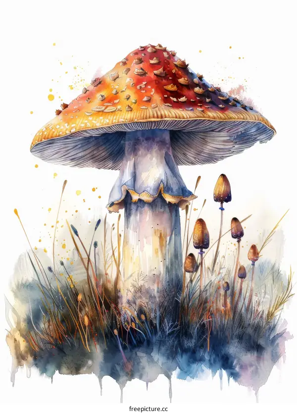 Red and White Spotted Mushroom Watercolor Illustration