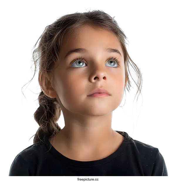 [Transparent Background PNG]Portrait of a Young Girl with Brown Hair and Blue Eyes Looking Up