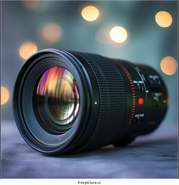 Close-up of a camera lens with a blurry background