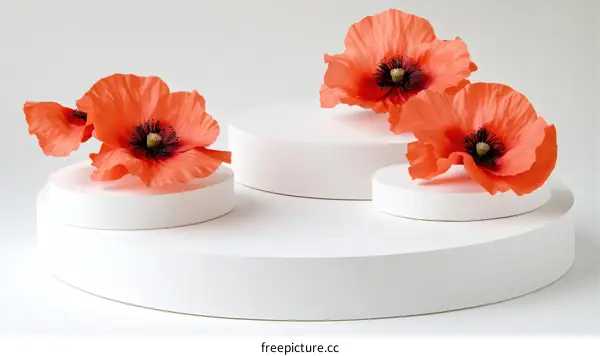 Three Orange Poppies on White Display Stands