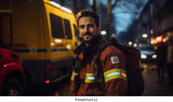 Portrait of a smiling firefighter in protective gear standing in front of a fire truck at night