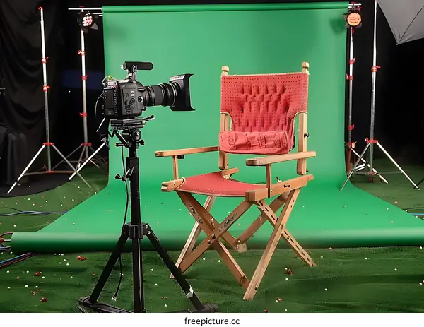 Green Screen Background Studio Setup with Camera and Director Chair