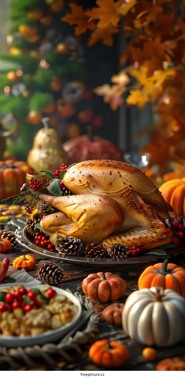 Thanksgiving dinner with roasted turkey, pumpkins, and autumn leaves