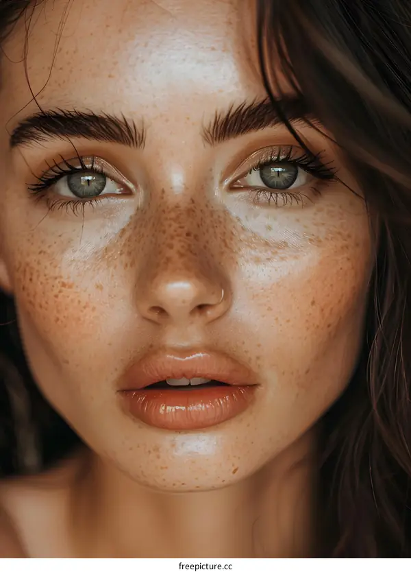 Close Up Portrait of a Woman with Freckles and Green Eyes