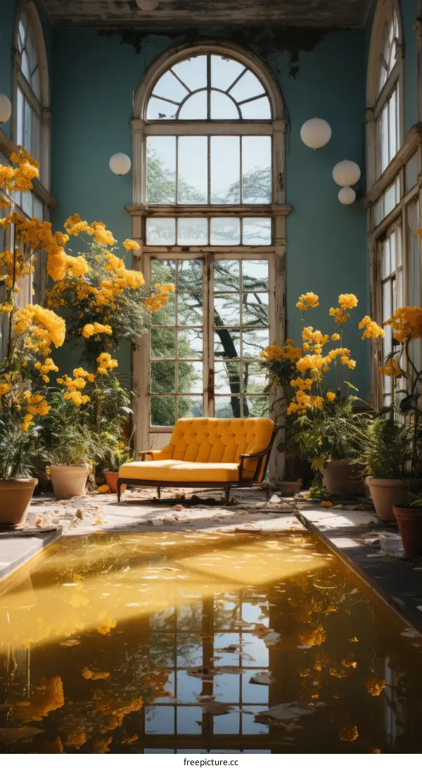 Flooded Greenhouse with Yellow Flowers