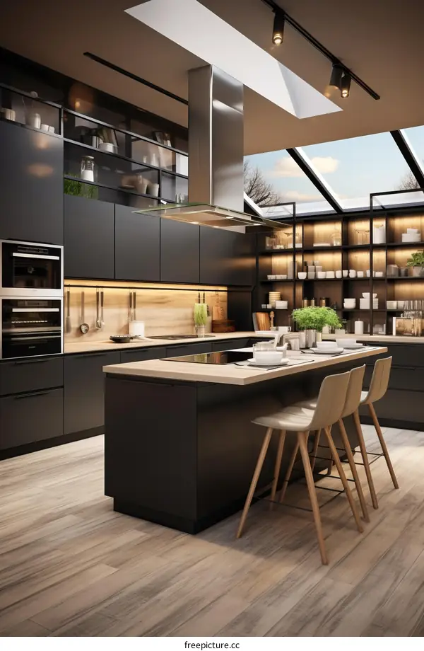 Modern Black Kitchen with Island and Wooden Chairs