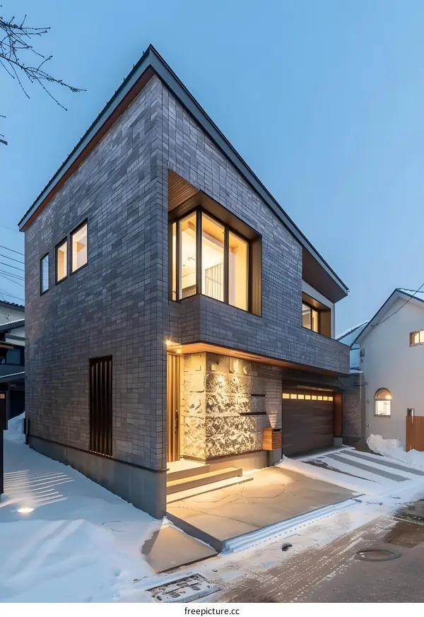 Modern Brick House with Snow Covered Driveway and Garage