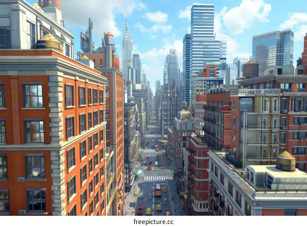 A bustling city street with cars and people crossing the road