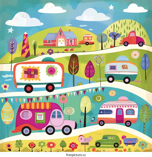 Colorful Illustration of Vehicles Driving on a Winding Road Through a Cartoon Landscape