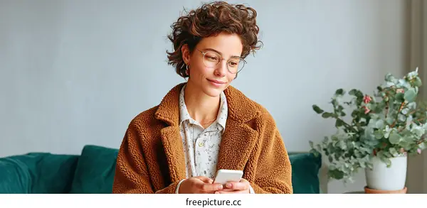Woman Using Smartphone Casual Indoor Setting