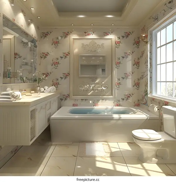 Wallpaper and tiles perfectly combined to give the bathroom a new look