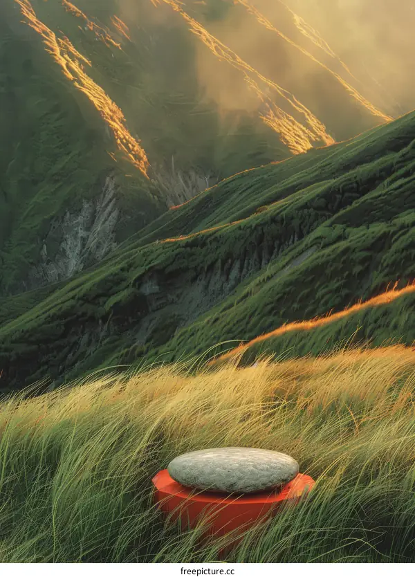 Stunning green hills landscape with a large rock on a red pedestal in the foreground