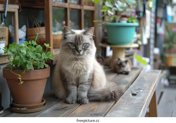 A Fluffy Cat Sits on a Wooden Table Next to a Potted Plant
