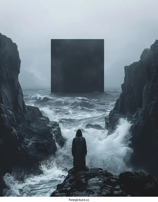 A Person Standing on a Rock in Front of a Large Black Monolith in the Ocean
