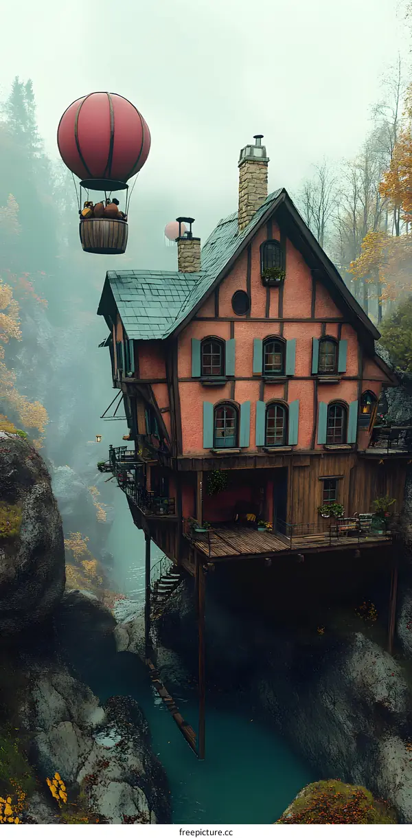 A Red Hot Air Balloon Floating Above A Magical House Built On The Cliffside