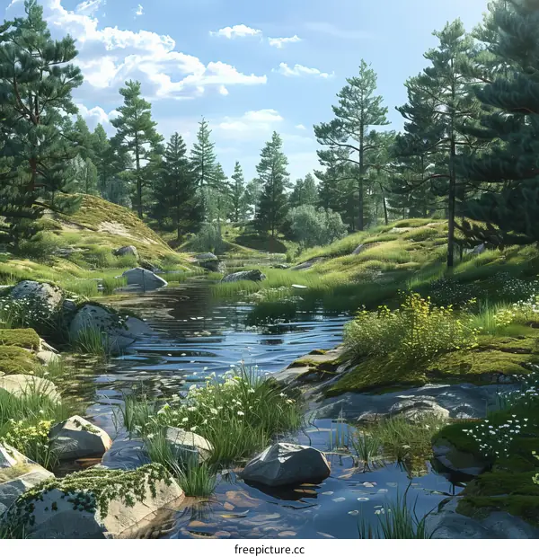 Small River Flowing Through a Beautiful Lush Forest